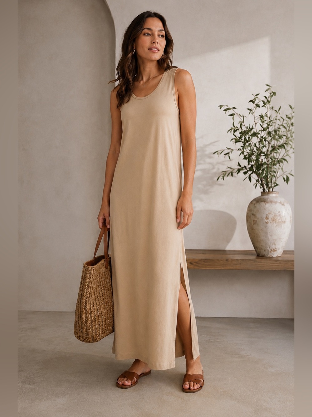 Cuyana Beige Pima Cotton Modal Sleeveless Maxi Dress Side Slit Medium